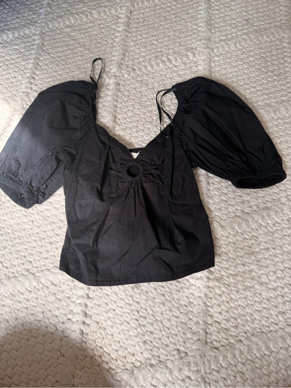 H&M Black Puff Sleeve Ring-Front Peasant Top
